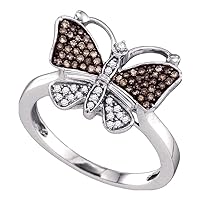 The Diamond Deal 10k White Gold Womens Brown Round Diamond Cluster Butterfly Bug Ring 1/5 Cttw