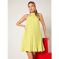 Summer Dresses for Women 2022 Tie Back Pleated Dress (Color : Yellow, Size : XS)