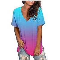 Womens Tops Casual V Neck Short Sleeve Blouse Tops Comfy Loose Summer Shirts Gradient Color Dressy Blouse T-Shirt