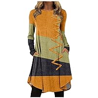 Plus Size Sweater Dress,Women's Spring Fashion Long Sleeve Dress for Women Dresses 2024 Women's Casual Printed Round Neck Pullover Loose Dress Dresses Sexy Dresses Sleeves Church(D-Green,L)