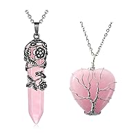 Top Plaza Bundle - 2 Items: Natural Crystal Rose Quartz Antique Silver Flower Necklace & Tree of Life Wire Wrapped Heart Shape Stone Pendant Necklace