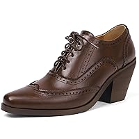 Women's Vintage Stacked Heel Oxfords Wingtip Lace up High Heel Brogue Pumps Shoes for Women