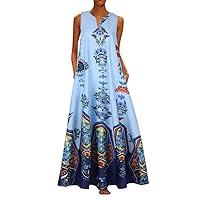 Women's Flowy Beach Round Neck Glamorous Dress Swing Casual Loose-Fitting Summer Sleeveless Long Floor Maxi Print