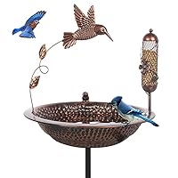 Vintage Bird Bath Outdoor, 13'' Dia Metal Bird Bath Bowl with Garden Stake Bird Feeder, Birdbath Standing with Hummingbird Decor for Patio, Lawn, Yard