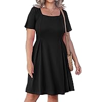 Women's Plus Size Short Sleeve Dress Square Neck Casual Flowy Swing Summer Knee Length Dress with Pockets