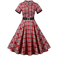 Women 50s 60s Vintage Cocktail Swing Dress Short Sleeve Lapel Collared Plaid 1950s Rockabilly Prom Party Midi Dress