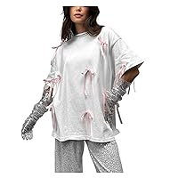 Women's T Shirts, Casual Bow Design Loose Slouchy Short Sleeve T-Shirt Top for Women Trendy Tops, S L