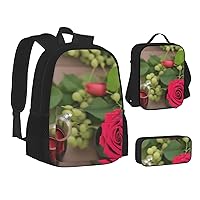 Roses And Wine Backpack, Laptop Backpack With Lunch Bag And Storage Box 3 Piece Set, 15 Inch Large Backpack