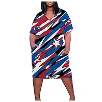 Plus Size Dress for Women Bacis Short Sleeve Colorful Stripes V Neck Casual Dress American Flag Dress with Pockets