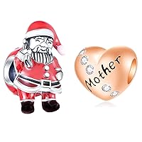 Christmas Santa Claus and Rose Gold Mother Charm Set Fit DIY Bracelet, in 925 Sterling Silver, Xmas Gift for Wife/Mom/Grandma