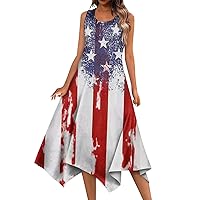 4th of July Dress Women Round Neck Red White Blue Dresses 2024 Casual Summer Sleeveless Print Tank Loose Sundress