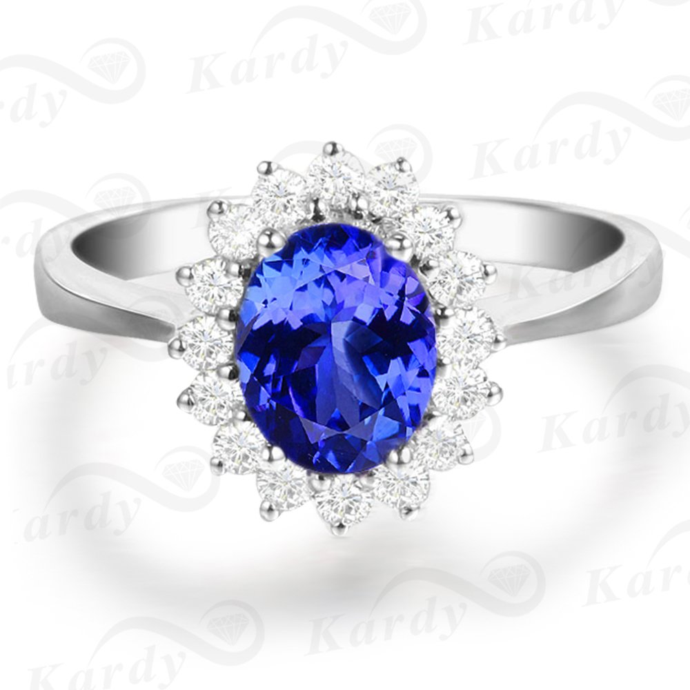 Kardy 1.65ct Natural Deep Blue Tanzanite Gems Ring with Diamond 14K White Gold Wedding Engagement Band Ring Set
