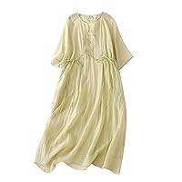 Double Lace-Up Cotton Linen Dress Women Floral Embroidery Half Sleeve Crewneck Shirt Dress Summer Flowy A-Line Dress