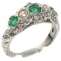 925 Sterling Silver Natural Emerald and Cultured Pearl Womens Band Ring - Sizes 4 to 12 Available