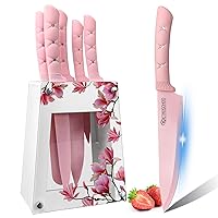 Kitchen Knife Set, Retrosohoo Pink Flower 6PC Stainless Steel Sharp Chef Cooking Non-slip Knife Set with Acrylic Stand & Block, Non-stick Colorful Coating Gift for Women Girls (Pink)