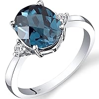 PEORA London Blue Topaz and Diamond Ring for Women 14K White Gold, Natural Gemstone Birthstone, 2.75 Carats Oval Shape 10x8mm, Size 7