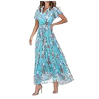 Women's Chiffon Floral Dresses 2024 Spring Swing Long Dress Flutter Sleeve Ruffle V Neck Slim Fit Flowy Dress