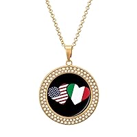 Italy U.S. Flag Heart Italian American Love Round Pendant Diamond Necklaces Multicolored Picture Jewelry Gifts for Women