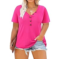 RITERA Plus Size Women Tops Casual Summer Henley Tunic Top V Neck Short Sleeve Button Up Solid Loose Fit Shirt Blouses Hot Pink 3XL