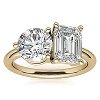 10K Solid Yellow Gold Handmade Engagement Rings 2.0 CT Emerald & Round Manual Cut Premium Simulated Diamond Solitaire Wedding/Bridal Ring Set for Women/Her Propose Ring
