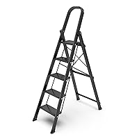 GameGem 5 Step Ladder for 10 Feet High Ceiling, Lightweight Aluminum Folding Step Stool with Convenient Handgrip, Stepladders with Anti-Slip and Wide Pedal for Home Use Space Saving - Black