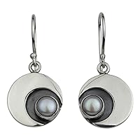 NOVICA Handmade .925 Sterling Silver Cultured Freshwater Pearl Dangle Earrings Moon from Taxco White Mexico [1.4 in L x 0.6 in W x 0.2 in D] 'Iridescent Moon'