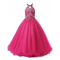 Girls Birthday Prom Dresses Princess Organza Beaded Halter Long Party Gowns US 6 Fuchsia