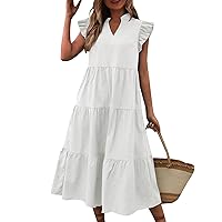 Womens Summer Dresses Midi, Solid Color V Neck Ruffle Sleeve Short Sleeved Casual Women Outfits Dress, S, XXL