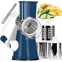 KEOUKE Rotary Cheese Grater with Handle Vegetable Cheese Shredder Slicer Grater for Kitchen 3 Changeable Blades for Cheese Potato Zucchini Nuts Chocolate - Dark Blue