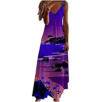 Maxi Dress for Women Suspender Backless Hawaiian Printed Sun Dresses Sleeveless Flowy Asymmetric Hem Long Dress