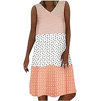 Women Ruffle Hem Polka Dots Patchwork Knee Tank Dress Summer Sleeveless V-Neck Fashion Stripe Casual Beach Dresses