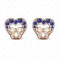 Designer Heart Minnie Mouse Stud Earrings With Blue Sapphire 14k Rose Gold Finish