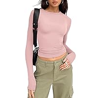 3 Pieces Women Solid Basic Crop Tops Shirts Going Out Spring Fashion Layer Slim Fit Y2k Long Sleeve Crew Neck Top Pink X-Small