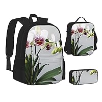 White Butterfly Orchid Backpack, Laptop Backpack With Lunch Bag And Storage Box 3 Piece Set, 15 Inch Large Backpack