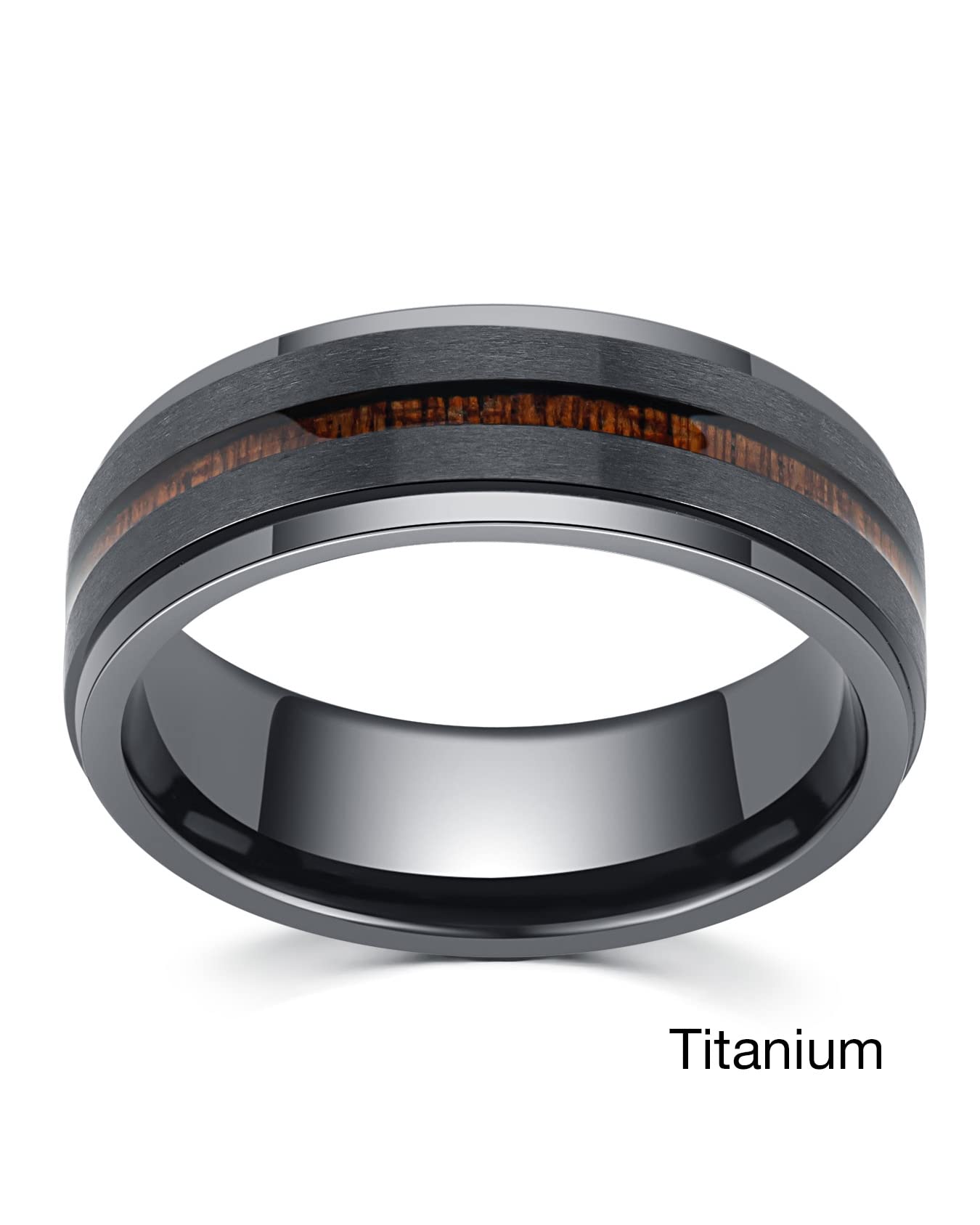 LerchPhi 8MM Mens Wedding Band Black Zirconium Ring KOA Wood Inlay Stepped Edge Unisex Promise Ring for Him and Her