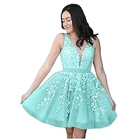 Women's V Neck Lace Applique A Line Short Homecoming Dresses Tulle Beaded Party Prom Dresses