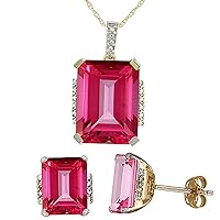Silver City Jewelry 10K Yellow Gold 0.05 cttw Diamond Natural Pink Topaz Octagon 8x6mm Earrings & 16x12mm Pendant Set