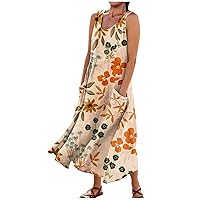 2024 Dresses for Women Beach Cotton Linen Floral Print Dresses Casual Sleeveless Flowy Long Dress with Pockets