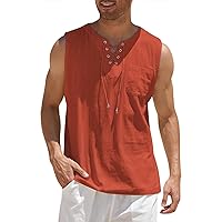 Men's Cotton Linen Tank Tops Casual Sleeveless Shirts Lace Up Beach Hippie Tops Bohemian Renaissance Pirate Tunic
