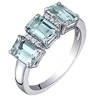 PEORA Aquamarine and Diamond Three Stone Ring for Women 14k White Gold, Genuine Gemstone Birthstone, 1.50 Carats total Emerald Cut 6x4mm, Sizes 5 to 9