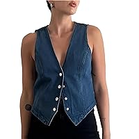 Women Sleeveless Button Down Denim Vest Deep V Neck Jean Tank Tops Y2k Sexy Going Out Solid Fitted Denim Crop Top