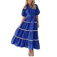 Womens Summer Dresses Fashionable Solid Color Striped Bubble Sleeve Vacation Flowy Beach Midi Dress