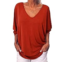 Women's Batwing 3/4 Sleeve Tops Summer V Neck Button Back Fashion Tshirts Casual Loose Fit Solid Color Tunic Blouses