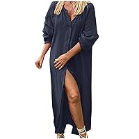 Plus Size Womens Cotton Linen Shirt Dress Summer Beach Long Sleeve Casual Loose Fit Button Down Collarless Maxi Dresses