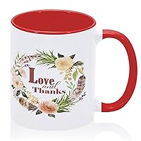 Funny Mug Love And Thanks Ceramic Tea Mug Colorful Flower Floral Motivational Ceramic Mugs Gifts for Best Friend Boyfriend Daughter In Law Girls 11oz Red