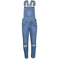 Kids Girls Denim Dungaree Knee Ripped Light Blue Jeans Overall Fashion Jumpsuits