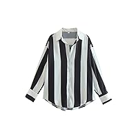 Satin Button Down Shirts for Women Long Sleeve Silky Pinstripe Casual Blouse Summer Top