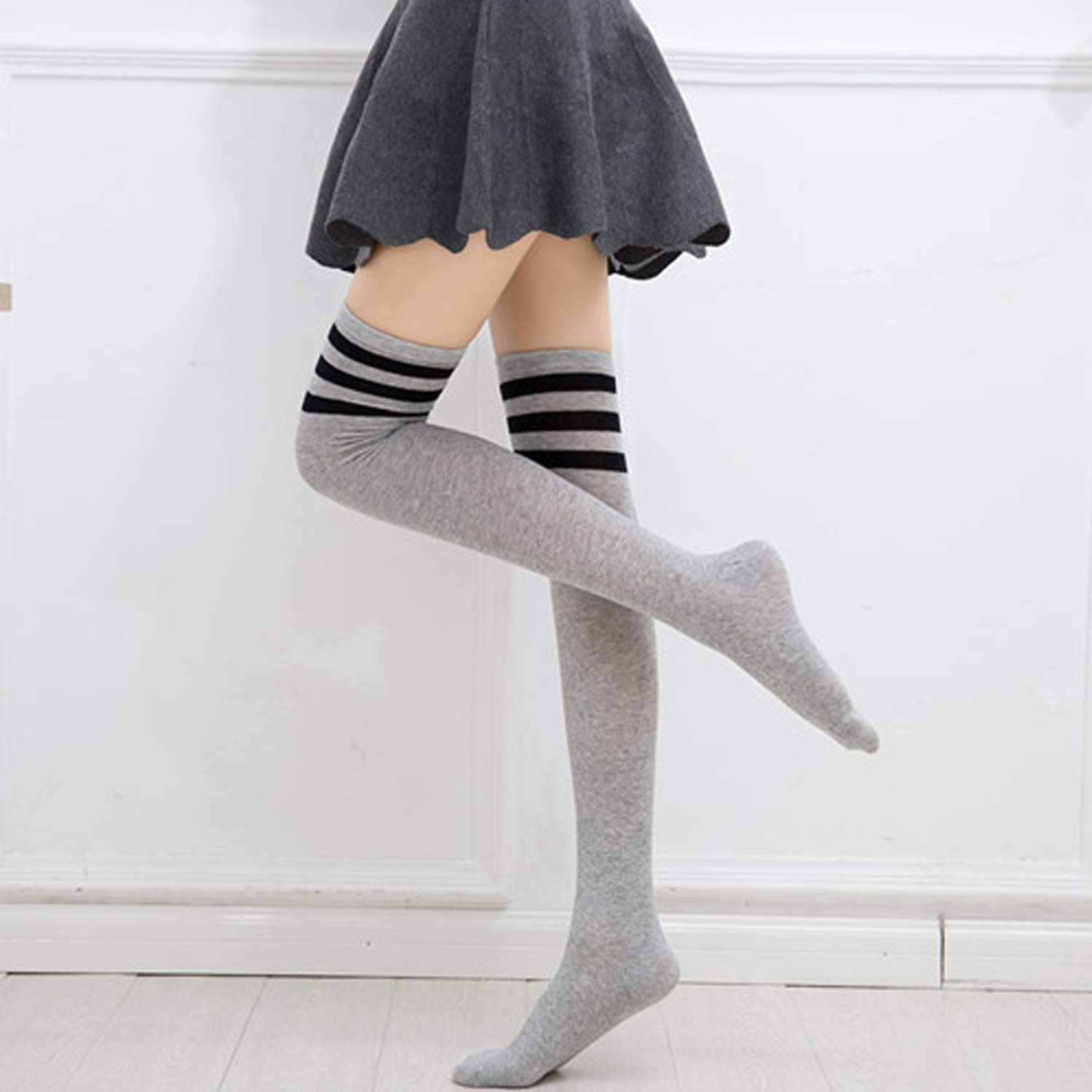 DRESHOW 6 Pairs High Thigh Socks Striped Over Knee Thin Tights Long Stocking for Women Leg Warmer