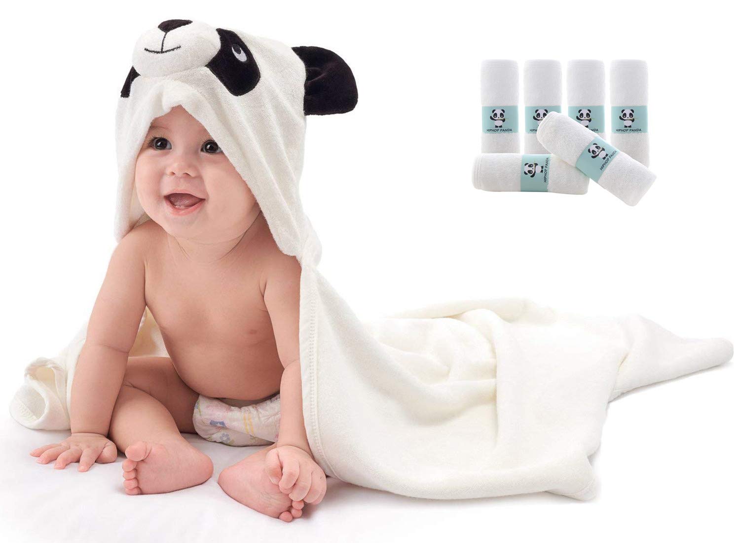 HIPHOP PANDA Bamboo Hooded Baby Bath Towel and Washcloths Set, 1 Bath Towel and 6 Pieces Washcloths