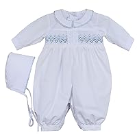 Hand Smocked Baby Boys Christening Baptism Outfit Suit with Bonnet